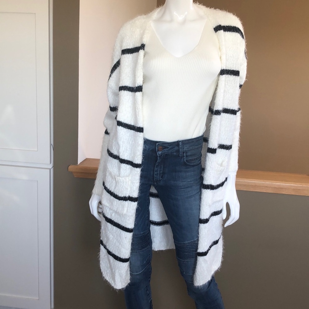 White Black striped long duster fuzzy cardigan